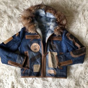 Real Fur Suede Short Biker Jacket Blue Brown